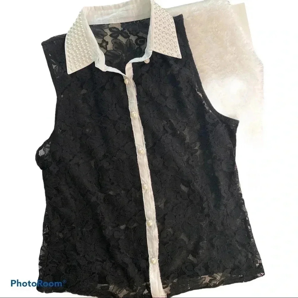 Vintage Lace sheer faux pearls high  collared blouse